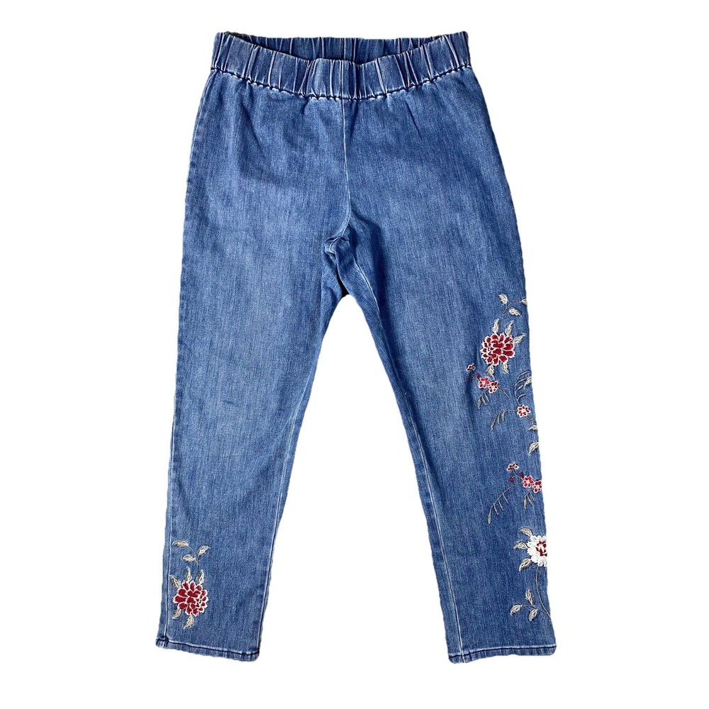 Soft Surroundings Pull On Jeans PL Blue Floral Embroidered Ankle High Rise Denim